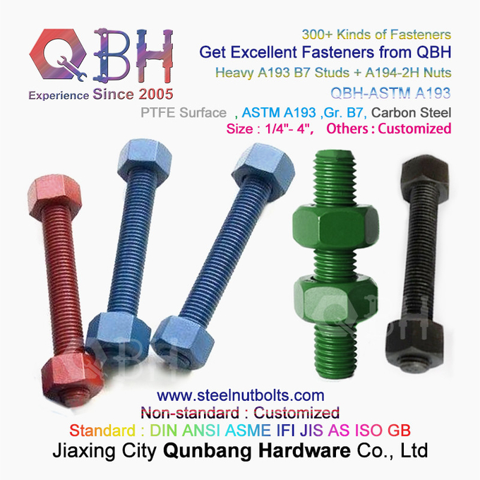 QBH PTFE 1070 Vermelho/Azul/Preto/Verde Revestido 1/4"-4" ASTM A193 B7 Parafuso de Haste Rosqueado com Porca Hexagonal Pesada A194-2H 3