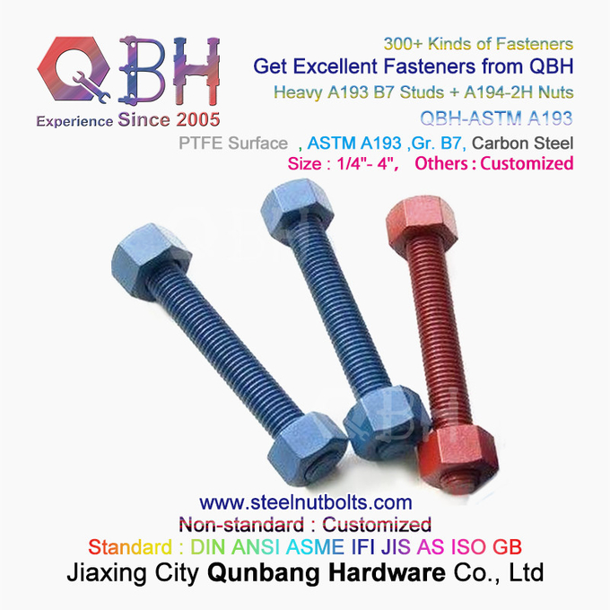 QBH PTFE 1070 Vermelho/Azul/Preto/Verde Revestido 1/4"-4" ASTM A193 B7 Parafuso de Haste Rosqueado com Porca Hexagonal Pesada A194-2H 2