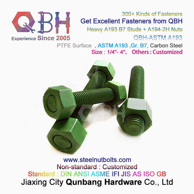 QBH PTFE 1070 Vermelho/Azul/Preto/Verde Revestido 1/4"-4" ASTM A193 B7 Parafuso de Haste Rosqueado com Porca Hexagonal Pesada A194-2H 1