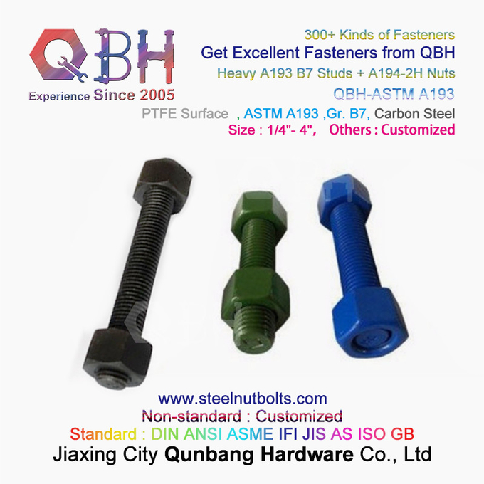 QBH PTFE 1070 Vermelho/Azul/Preto/Verde Revestido 1/4"-4" ASTM A193 B7 Parafuso de Haste Rosqueado com Porca Hexagonal Pesada A194-2H 0